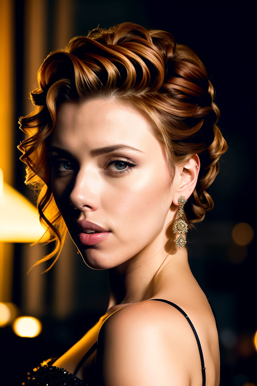 portrait photo of scarlet johansson, beautiful woman hair updo upsweep nightclub sitting at bar (masterpiece) (best quality) (detailed) (8k) (HDR) (wallpaper) (cinematic lighting) (sharp focus) (intricate) 