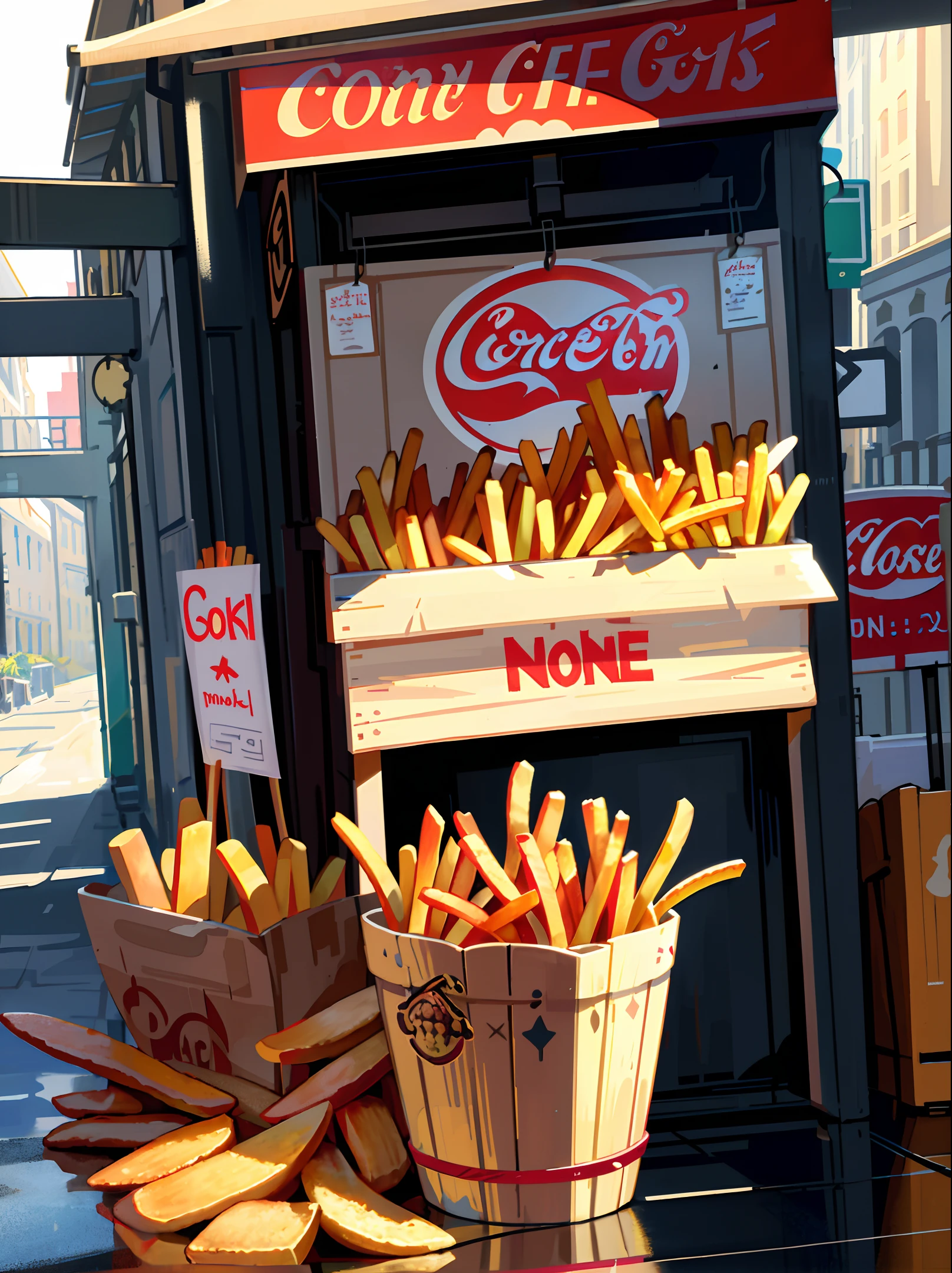 [(transparent background: 1.5)::5],(((masterpiece))),(((best quality))),(((extremely detailed))),illustration, mysterious,vivid color, shiny , (impressionism: 1.4), Pret A Manger, Coke, French Fries, Family Barrel, Fish and Chips, (snack bar)