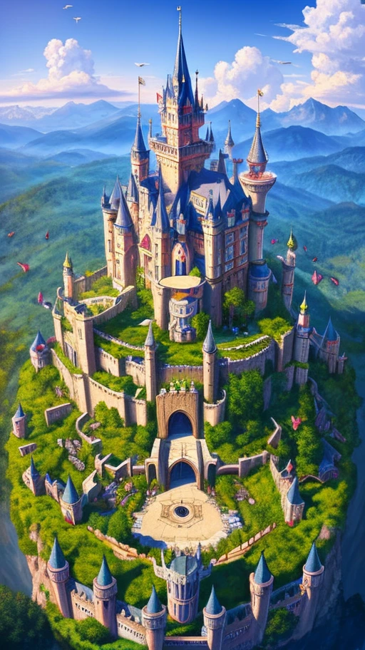 magical fairy tale castle. sunny morning. 8k resolution. 3:2 ratio. very high drawing skills. bird's eye view. very stunning. stunning lighting effects. thick medieval fantasy illustrations. very large area.