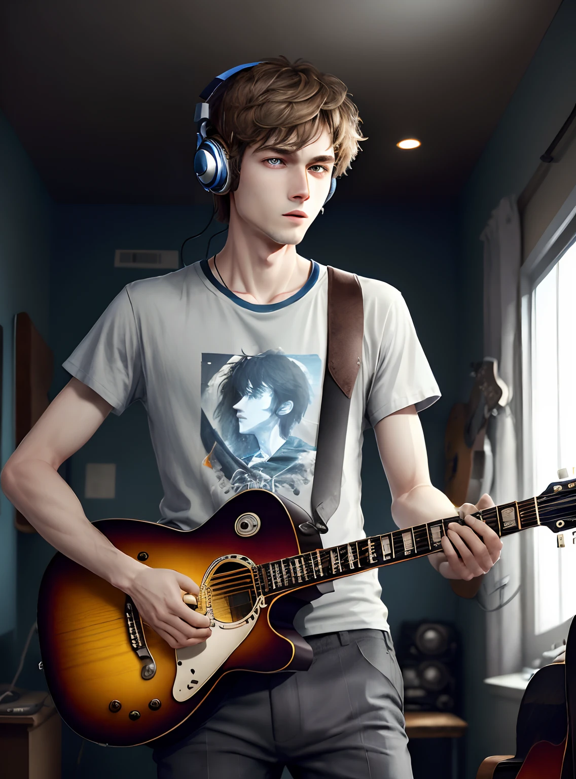 ((masterpiece, best quality)) 1 guy, solo, plaid pants, gray t-shirt, blue eyes, 16 years old electric guitar, guitar, headphones, holds, holds a plectrum, instrument, elongated men's haircut, music, one side up, playing guitar, indoors