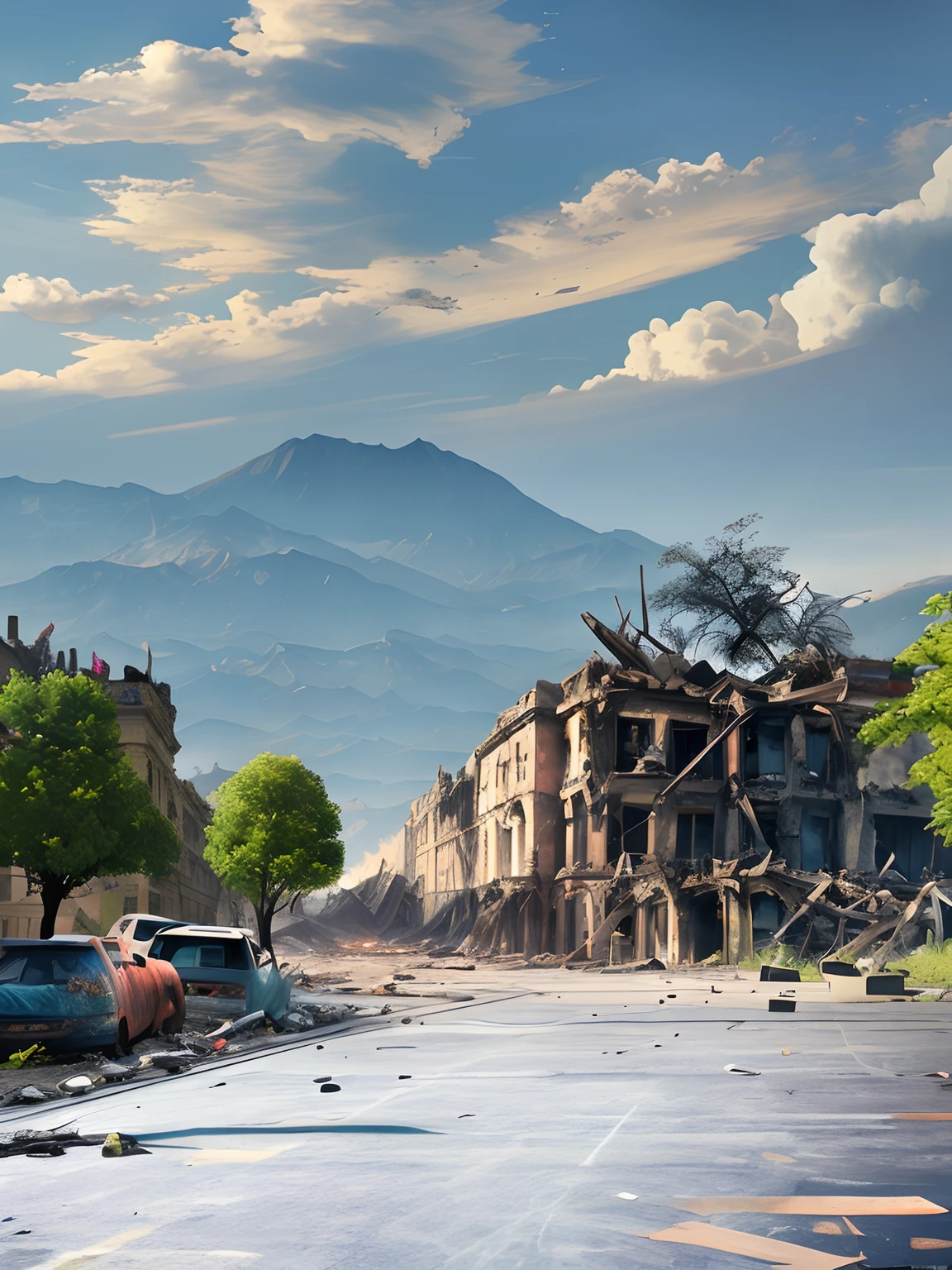 Image of the apocalypse, crumbling buildings, rubble, fire+, billowing smoke, people running+, fear+, overturned cars, epic realistic, hdr++, abandoned, neutral colors, night, screen space refractions, (intricate details)+, intricate details+, hyperdetailed+, artstation, cinematic shot, vignette, complex background, teal and orange, technicolor, 