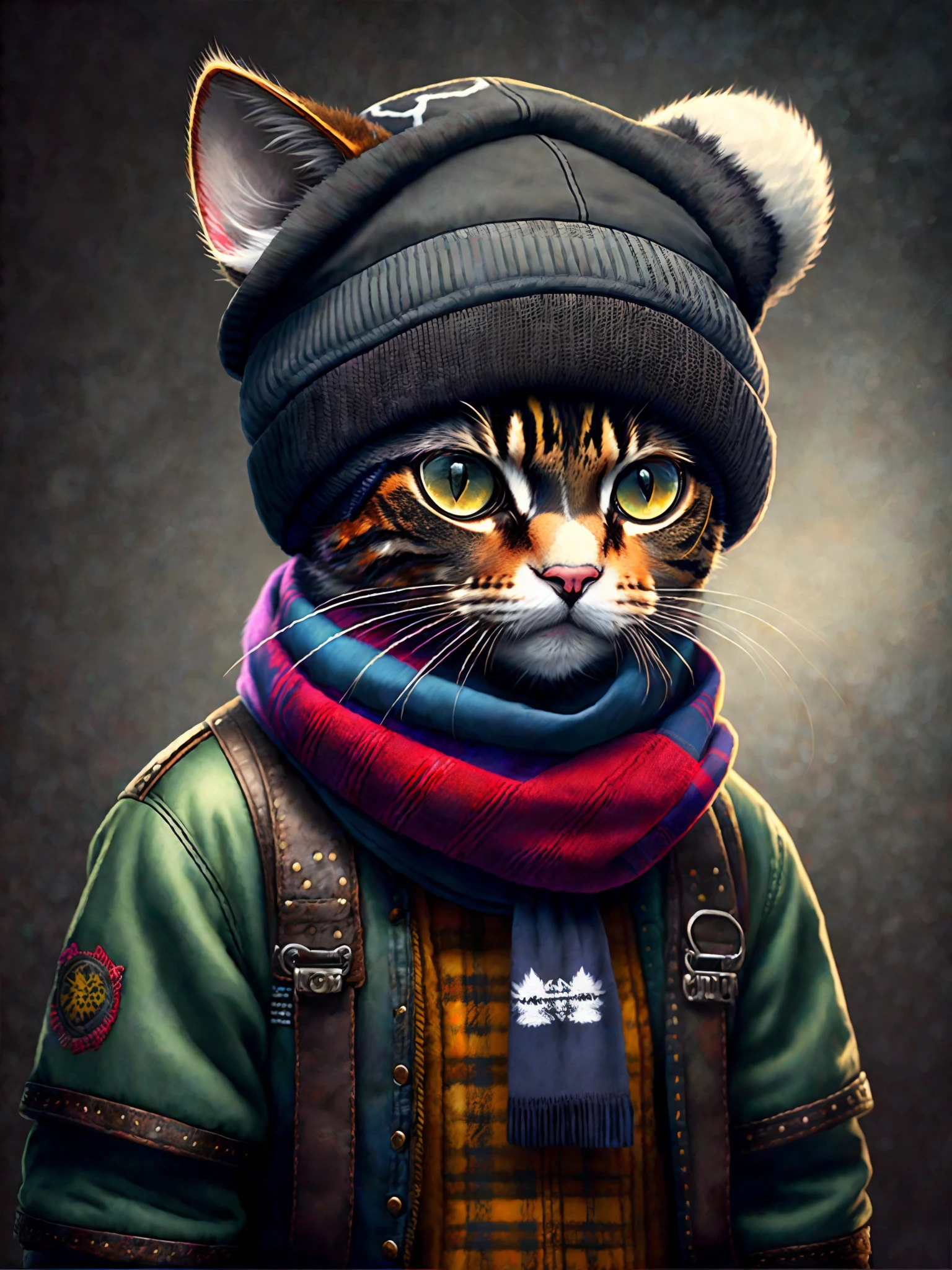 foto de um gato com chapéu e lenço, Tendência da estação de arte, vestido com roupas punk, renderização detalhada hiper-realista, membro de gangue britânica, estilo urbano, pose intimidante, planeta dos gatos, roupas da moda, urban samurai, Miau, traços eslavos ocidentais, 8 1 5