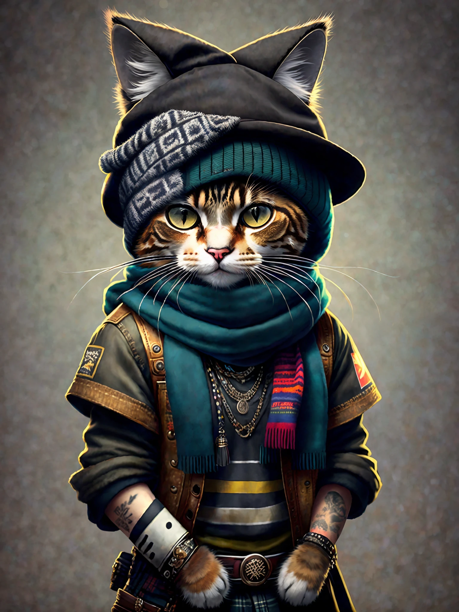 картинка кота в шапке и шарфе, Арт-Станция Тренд, одетый в панк-одежду, гиперреалистичная детальная визуализация, член британской банды, городской стиль, устрашающая поза, планета кошек, Модная одежда, городской самурай, мяу, западнославянские черты, 8 1 5