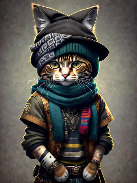 picture of a cat in a hat and scarf, art station trend, dressed in punk clothes, hyper realistic detailed rendering, british gang member, urban style, intimidating pose, planet of cats, fashion clothes, urban samurai, meow, west slavic traits, 8 1 5