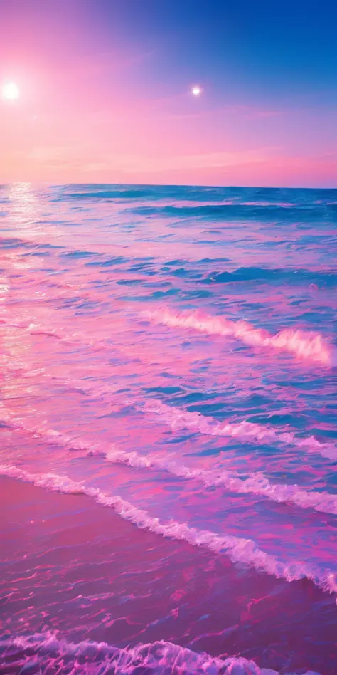 Pink moon, pink sky, soft pink clouds, pink ocean waves sparkling 