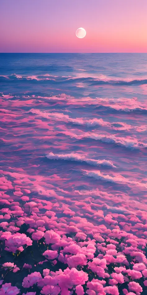 Pink moon, pink sky, soft pink clouds, pink ocean waves sparkling, sparkling, pink roses on pink ocean, fantasy, diamond, crown, universe, soft lights,