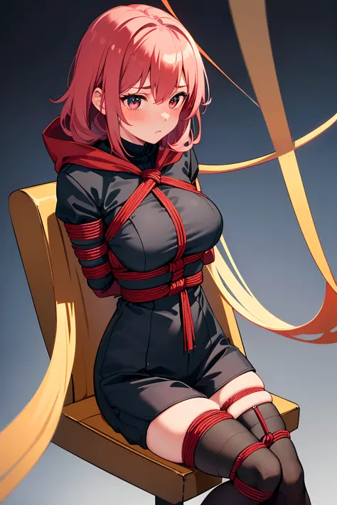 ((1 girl)), ((sitting on chair)), ((rope bondage)), ((arms behind back)), ((fully bound)), (restrained tightly), ((helpless)), (...