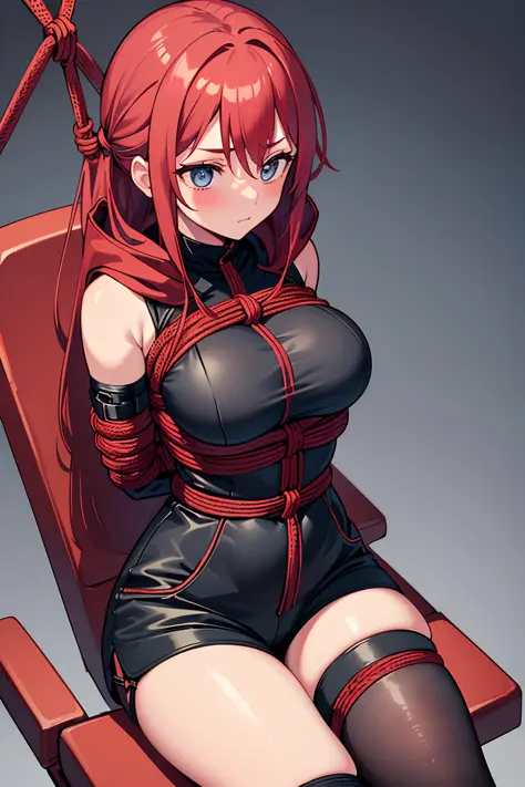 ((1 girl)), ((sitting on chair)), ((rope bondage)), ((arms behind back)), ((fully bound)), (restrained tightly), ((helpless)), (crimson hair, black hooded jacket, black shirt, black shorts, tights socks), (((big breasts))), ((blushing))