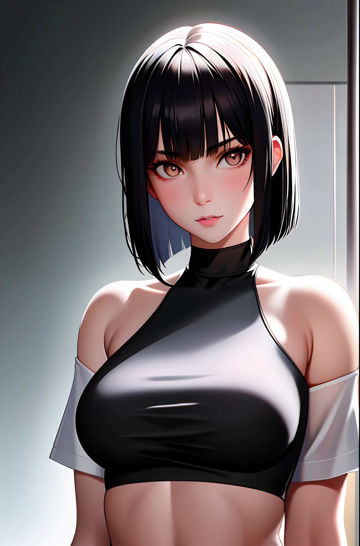 Anime girl with black hair and a black top posing for a picture - SeaArt AI