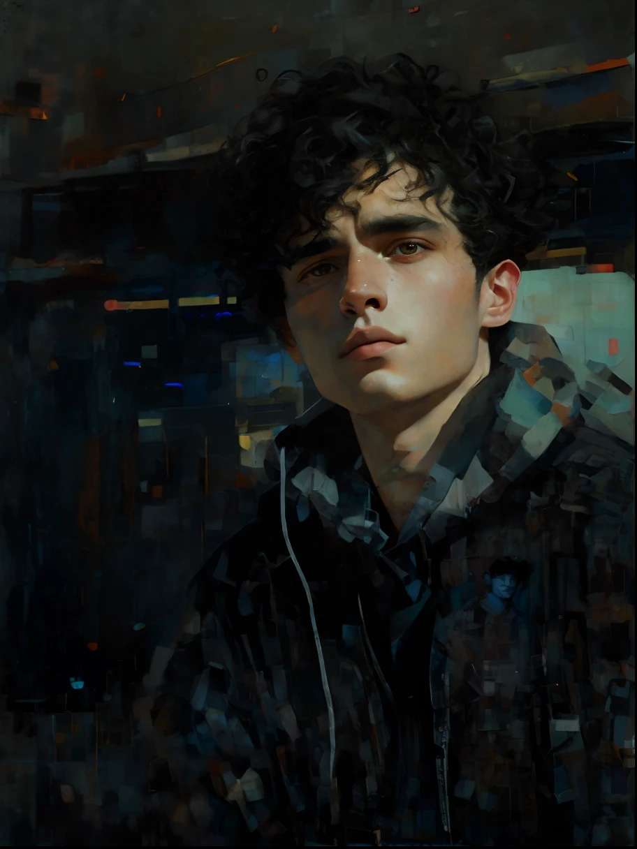 young man in his 20s with short curly black hair, a painting of a character in a brutalist setting, a character portrait, artstation hd, detailed painting, photo taken with provia, kodak portra, film grain, featured on unsplash, grain from film, cinematographic view, photo taken with provia