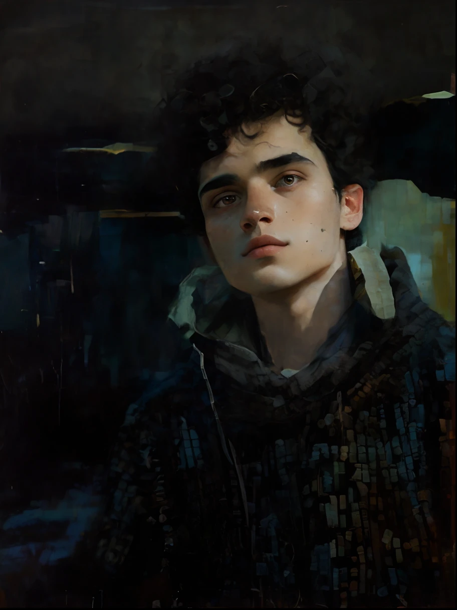 young man in his 20s with short curly black hair, a character portrait, environmental landscape art, photo taken with provia, film grain, kodak portra, featured on unsplash, a painting of a character standing in a pose