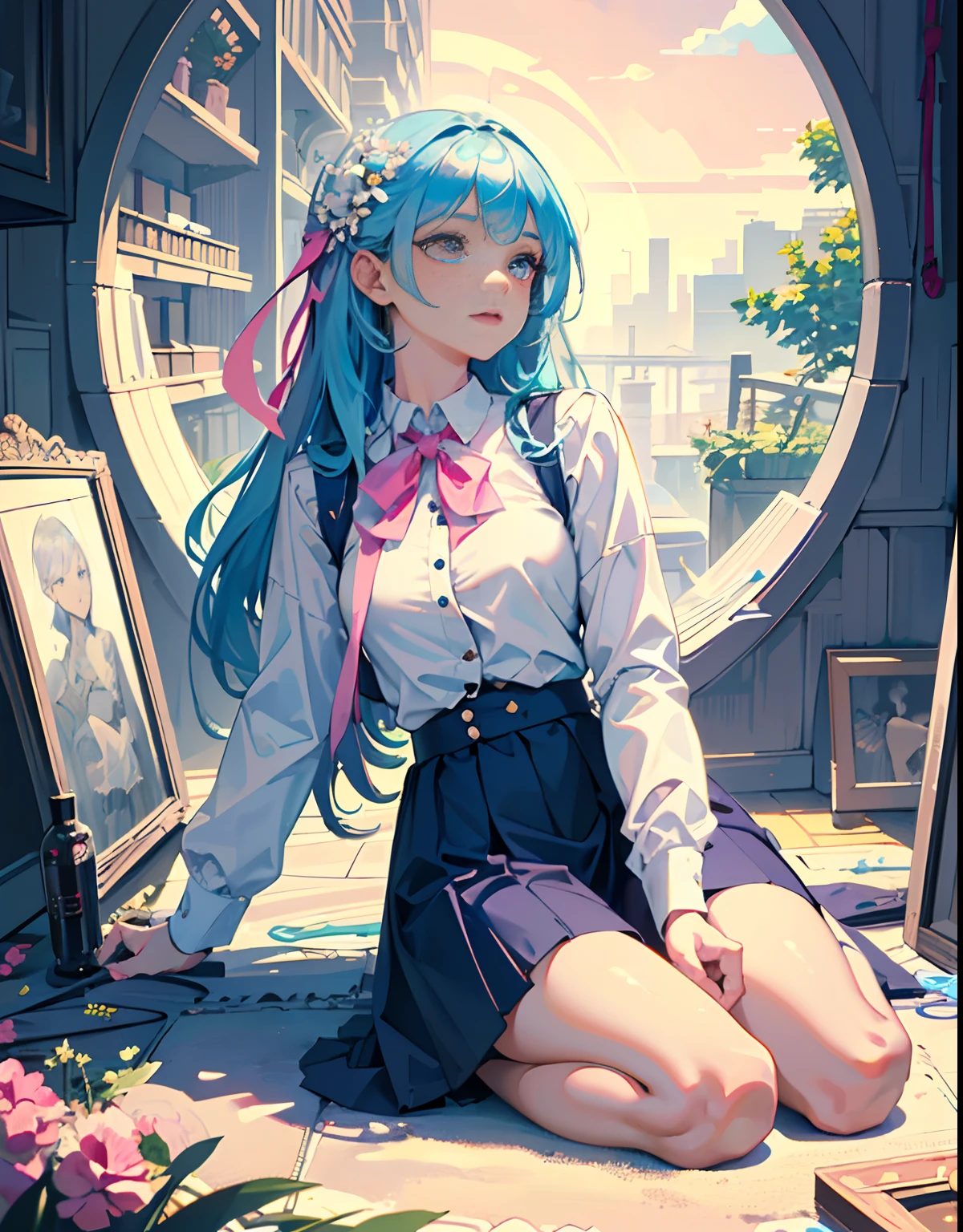 (detailed beautiful eyes and detailed face, masterpiece side light, masterpiece, best quality, detailed, high resolution illustration), (1 girl, beautiful girl, shiny skin), (sky blue hair, pink colored eyes, skirt, ribbon, button- shirt)（kneeling on the ground）