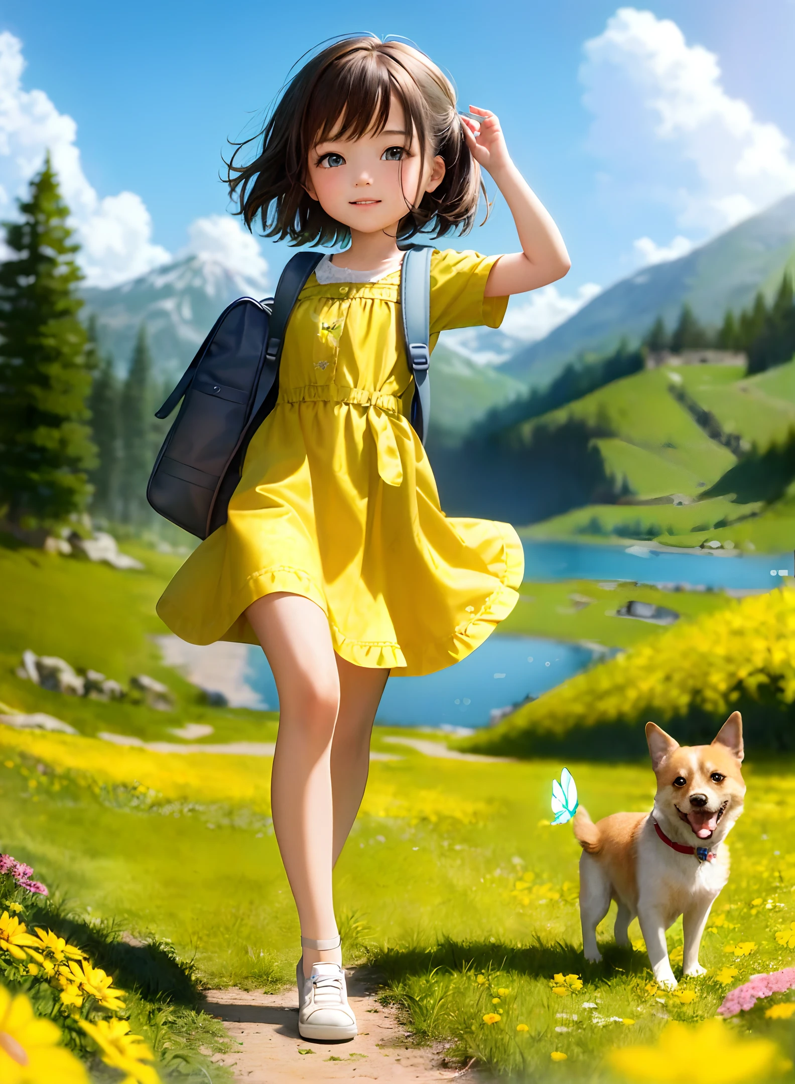 (最好的质量, 杰作, 卡通风格, 高分辨率 4k 壁纸), 一位背着背包的迷人女子和她可爱的狗正在美丽的黄色花朵和风景秀丽的大自然中享受一次可爱的春游. 插图描绘了非常详细的面部特征和一只翩翩起舞的蝴蝶.