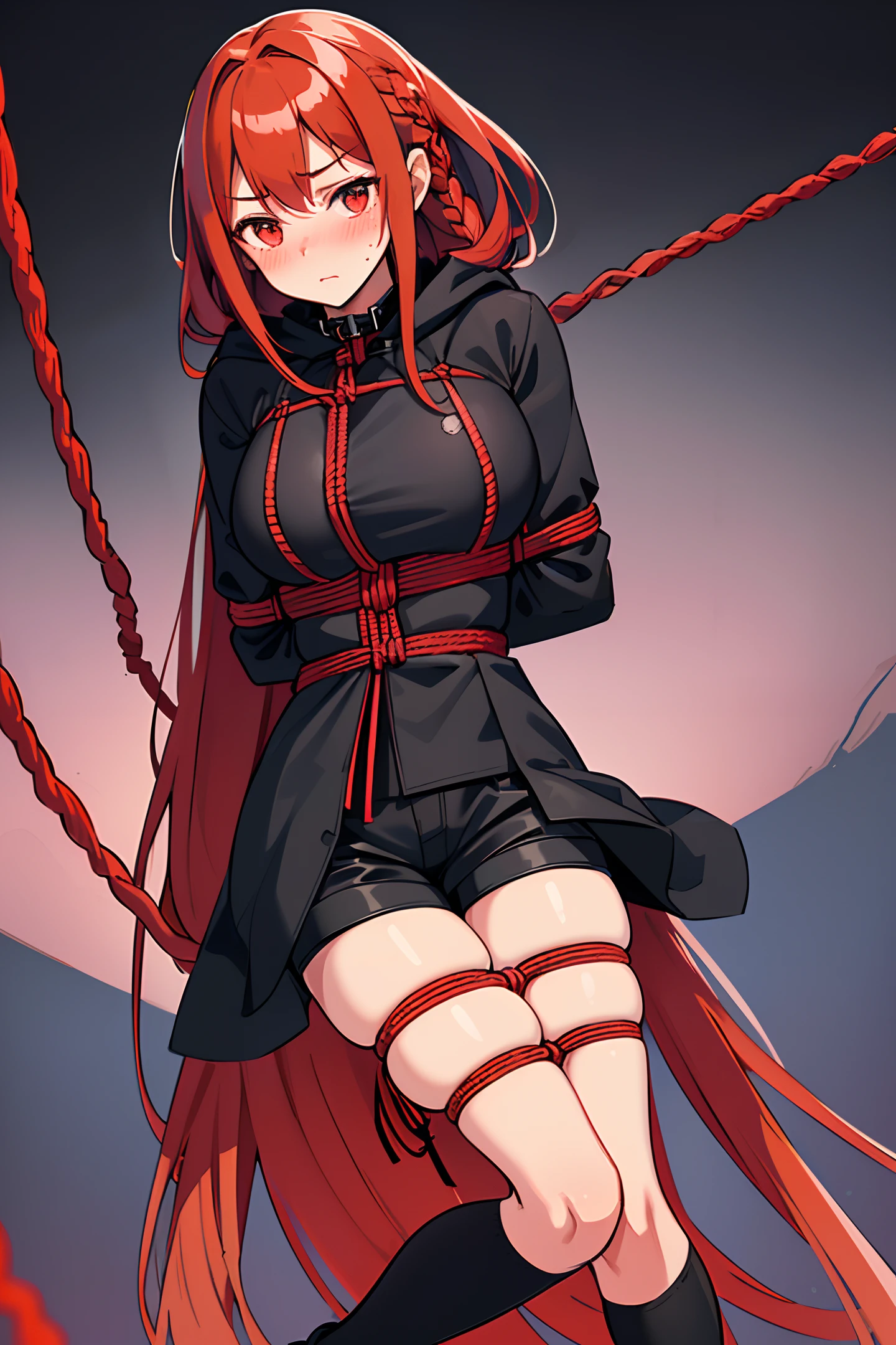 Anime girl with red hair and black dress sitting on a rope - SeaArt AI