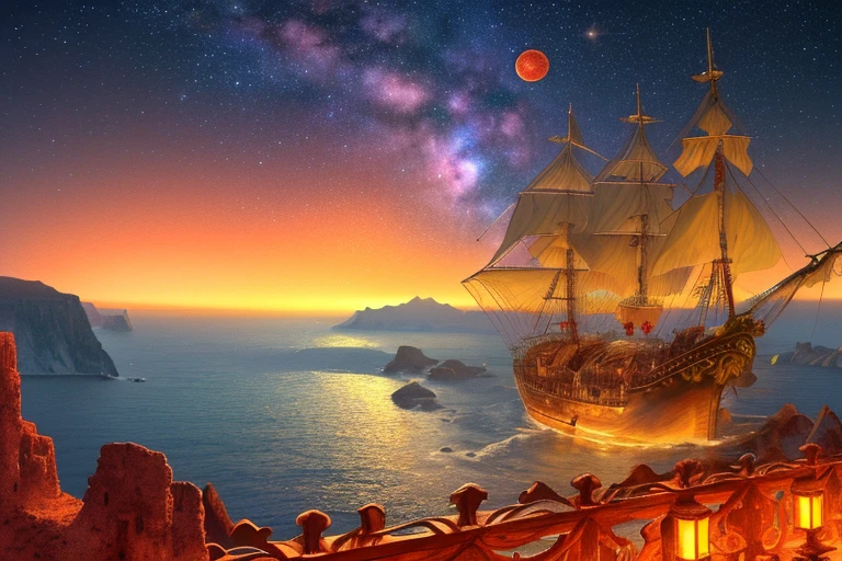 very detailed 8k wallpapers, (high detail: 1.1), (masterpiece: 1.1)), [anime: Impasto: 0.5], intricate, fantasy, (1 ship), (ocean: 1.2), [golden boat: golden boat with (green light: 1.2): 0.1], clear sky, wind, beautiful sky, (night sky), (galaxy), (huge blood moon in the background: 1.05),