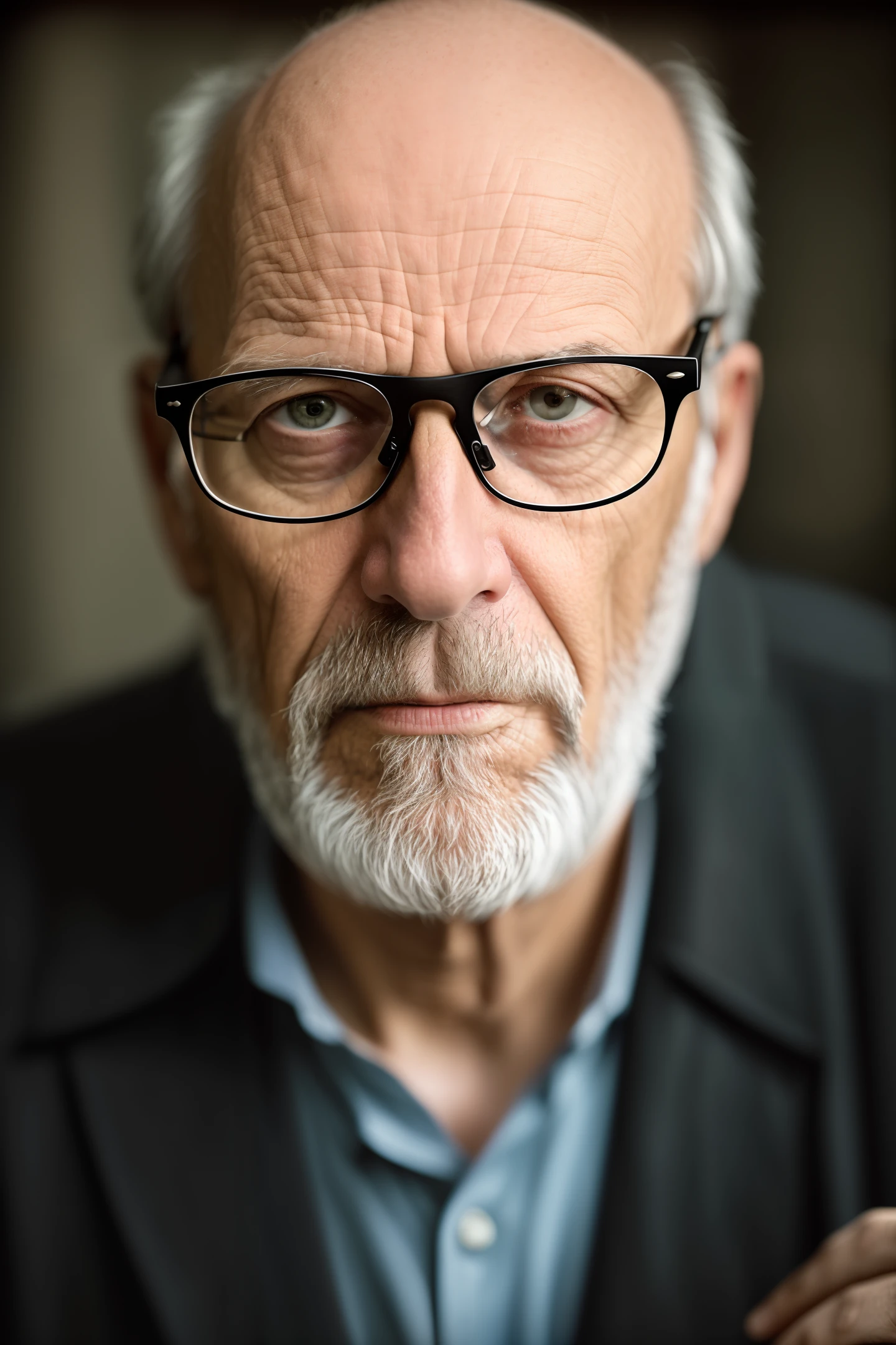 (editorial photograph of a balding, unshaven, tired, 70 y.o. male), (wearing worn out clothes, wearing glasses, detailed:1.3), (highly detailed face:1.4), (background inside dark, moody, private study, old furniture:1.3), (8k, uhd, dslr, high quality, cinematic lighting, bokeh), (dramatic, award winning photography, incredible masterpiece:1.3) (strong depth of field)