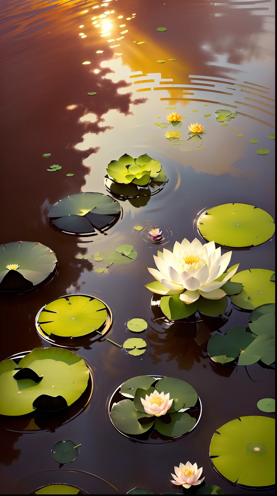 A masterpiece, exquisite. Deep in the lotus pond (colorful, vivid, sunshine, cool light: 1.2), there are a few lotus leaves in the pond. The lotus leaves have a clear texture. At night, a frog on a lotus leaf, a firefly, leave a blank