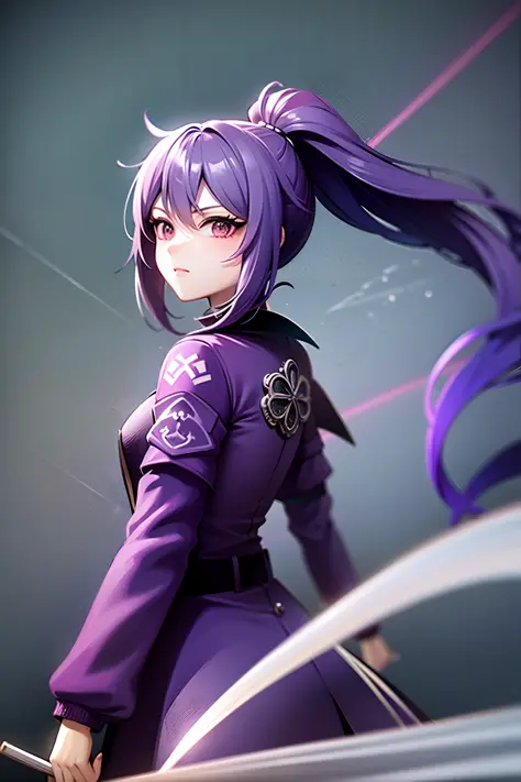 Purple hair, Chinese style, high ponytail, single ponytail, long jacket, long knife, fleece collar jacket, purple eyes, two-dimensional, comic style