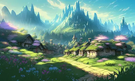 landscape hobbit village, houses with round windows and doors, small garden with small flowers, in the background a fantastic sp...