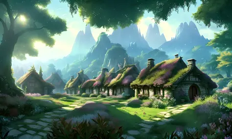 landscape hobbit village, houses with round windows and doors, small garden with small flowers, in the background a fantastic sp...