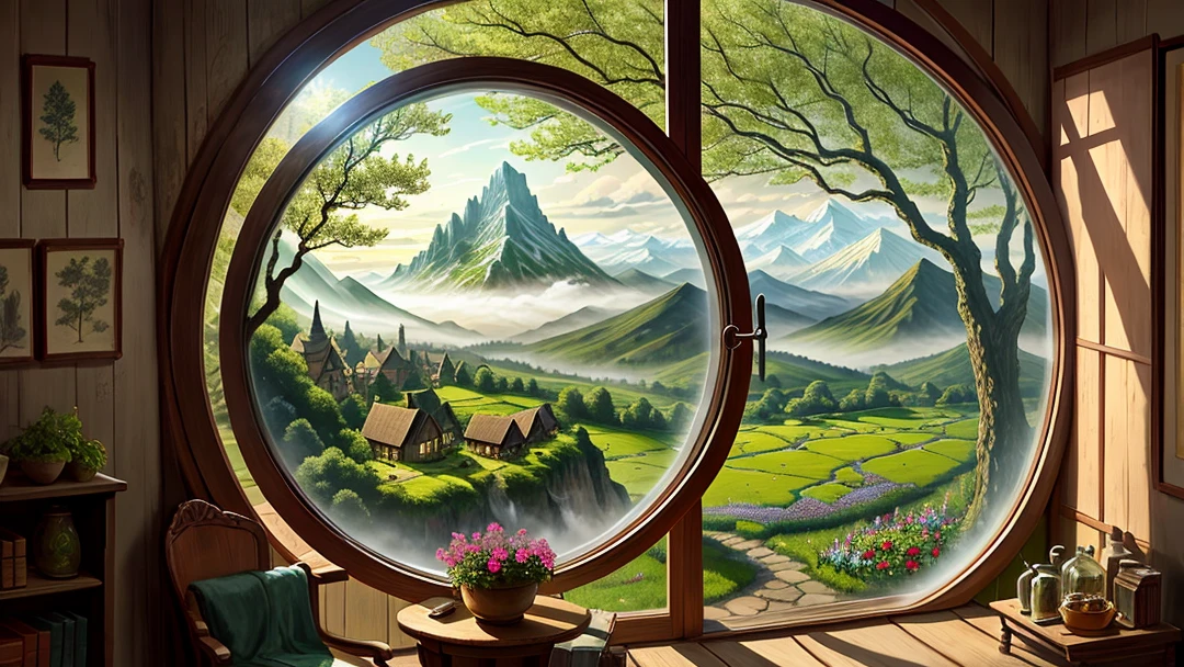 view from the round window with a beautiful art in the hobbit's house, it shows a fantastic spring landscape of trees, flowers, sunlight, elven forest, mountains in the mist in the background. high quality, hobbit movie, lord of the rings movie