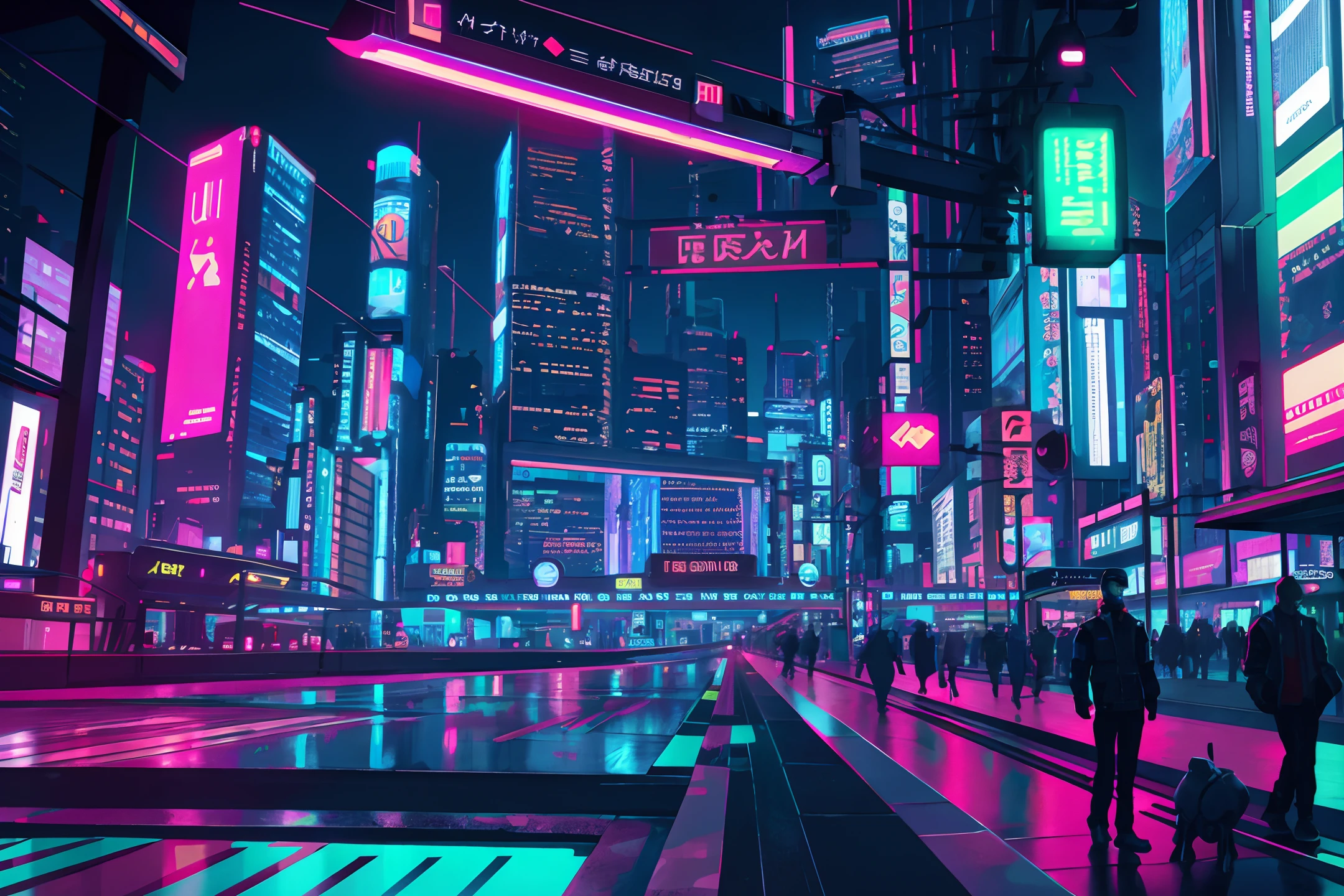 landscape, scenery, no humans, semi realistic, masterpiece, sharp focus, ultra detailed, absurdres, highres, dynamic lighting, cybernetic background, city, night, neon, arrogant, bloom, neon lighting, (glow), flat color, station, subway