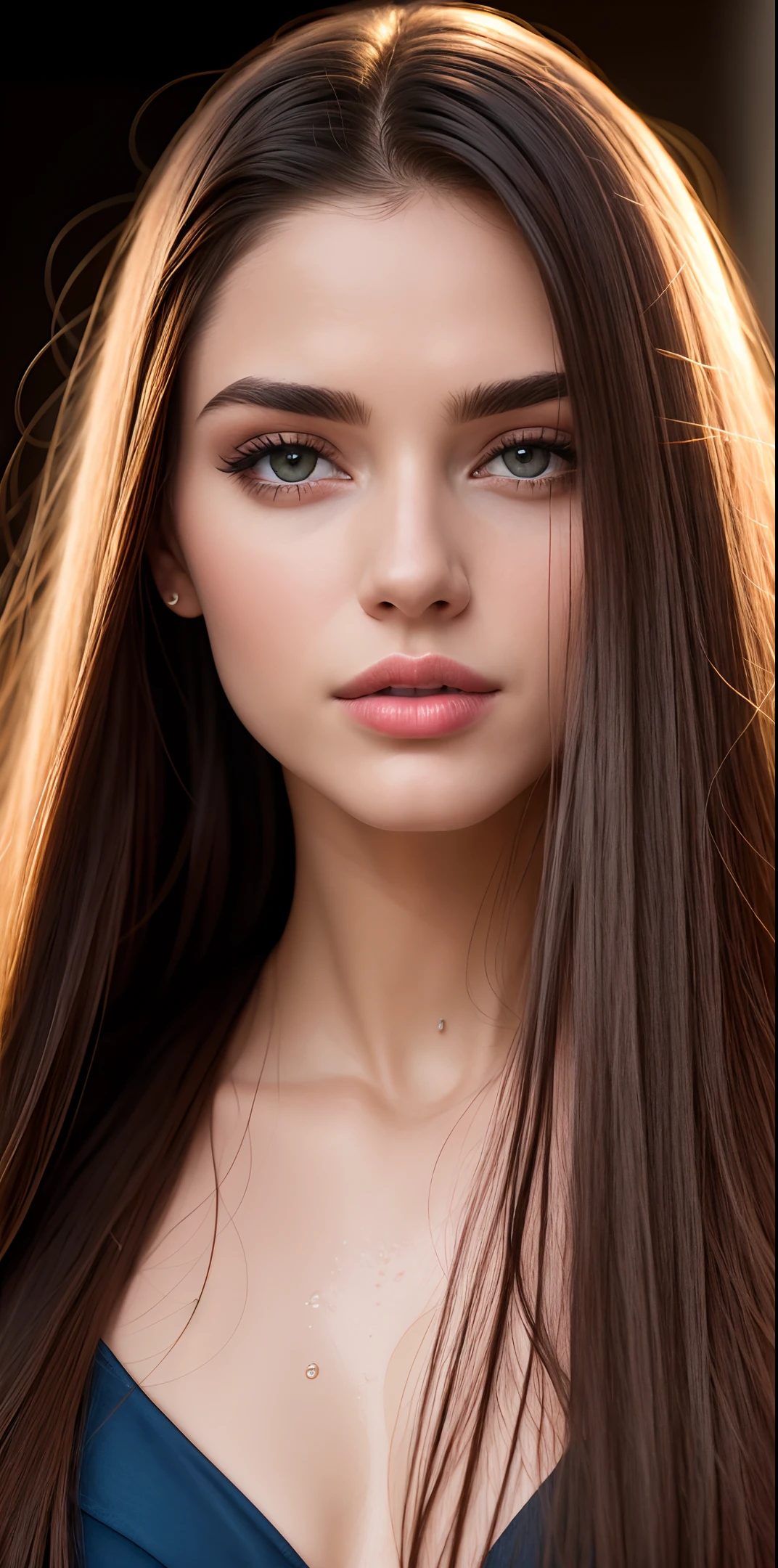 Botox lips, very moist skin and hair, firm breasts, dark blond hair, long straight hair, wet peignoir, European youth, perfect body, open (thin, perfect body, small), photorealism trends, high-resolution details, raw photography, sharpness, uniqueness in d850 4, koda850 k 400 portrait camera, 1.6 lens, rich colors, hyperrealistic texture, spectacular lighting, a surprise to real art, the fashionable Cinestil 800 mechanism,