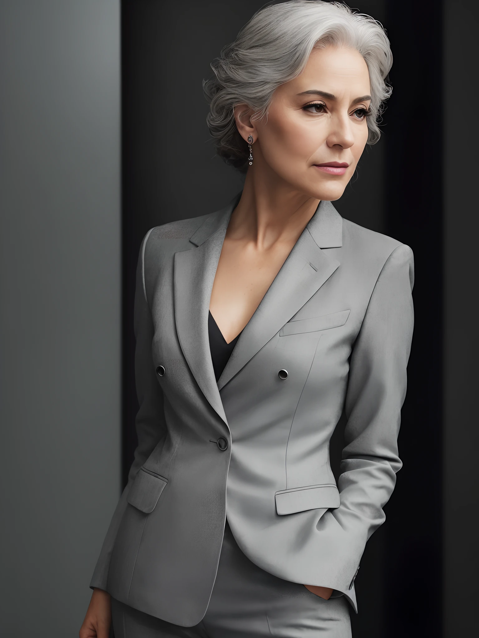 photo of a gray-haired woman in an elegant business suit, wide-frame photo, photo shoot style, exquisite, detailed, dramatic, elite, real world, (hard focus, 8 k), (((natural skin texture))), 8k textures, soft cinematic light, adome lightroom, photo lab, hdr, intricate, elegant, highly detailed, clear focus, (((cinematic look))), soothing tones, crazy detail, high detail, low contrast, soft cinematic light, dull colors, mixing exposures, HDR, fade, 35 mm, f/1.4, ISO64, f16, 25 sec.