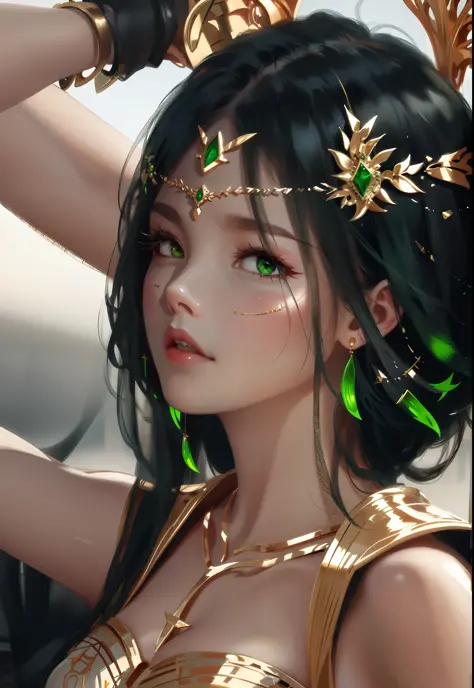 wlop, aeolian, jewelry, cute girl, oriental, dark hair, green eyes, green earrings