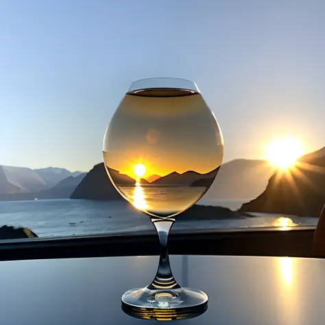 the sun in a crystal glass by the sea, against the background of the mountains, a glass of regular classical shape, open from above, below, next to the glass, lies a red rose, high-quality realistic photography, surround lighting