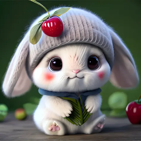 : 3. Rabbit, realistic, hairy, clothed animal, apple, dark circles, blush, cherry, food, fruit, full body, hat, non-human, strawberry, tomato, watermelon