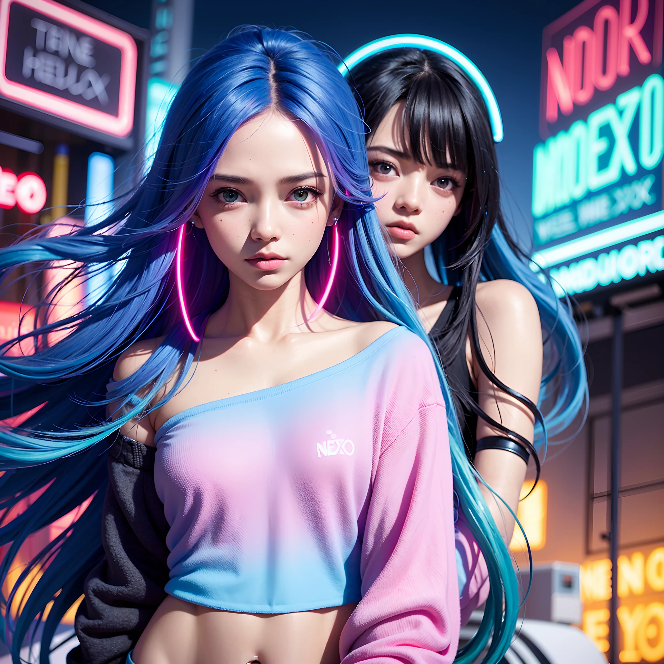 (masterpiece), best quality, ultra high res,, cyberpunk, 1girl, stunning cityscape ,hoodie,blue hair,   very long hair, off shoulder, feather intricate hair ornament, (gradient neon colors:1.5), flashes, cinematic lighting, photorealistic, realistic skin, HDR,  fisheye