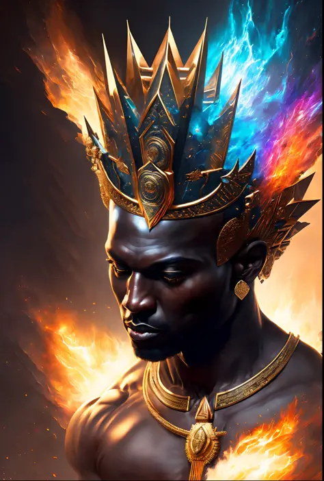 highly (dynamic:1.2) scene art detailed (rutkowski:1.2) pharaoh ((crown of ramses)), handsome, (dark skin:1.5), ((bald head)) ((...