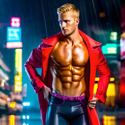 masterpiece, best quality, highres, realistic, a shot of a homoerotic nude man with short blonde hair and blue eyes, stubble, weary handsome facial features, masculine, trench coat, rainy wet weather, soaking wet skin, raindrops, thunder storm, blade runne...