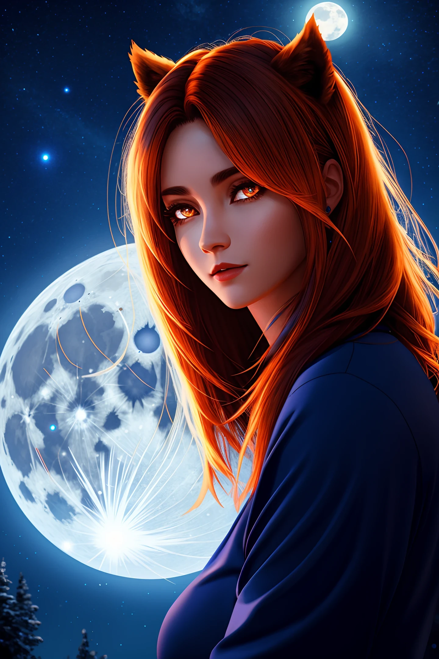 Blue Moon, Night Sky, Beautiful Female Werewolf, Mid-Length Hair, glowing orange eyes, realisitic, highly detailed, Unreal Engine, 8k