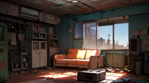 Dusty Apartment Anime Background, (run-down), (soviet style housing), (wartorn), ceiling fan, refrigerator, old computer, cozy c...
