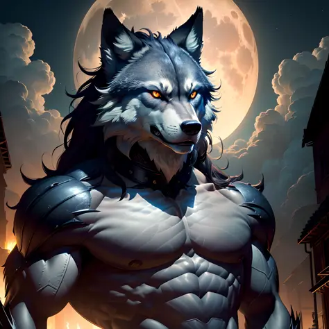 Masterpiece, best quality, wolf head, skin details, gorgeous background, huge moon, scarlet eyes, long side hairs, huge muscles, monsters behind, character backlighting (very detailed CG unified 8k wallpaper), (best quality), (best illustration), werewolve...