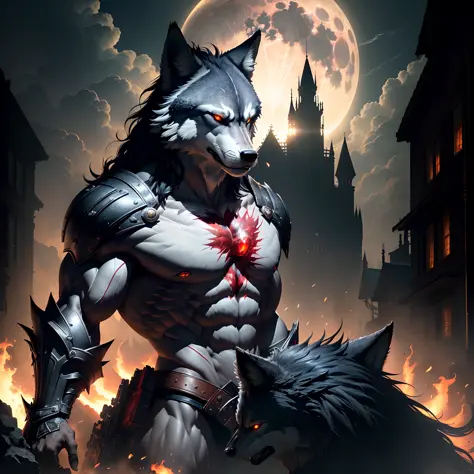 masterpiece, best quality, wolf head, dark environment, wounds, skin details, gorgeous background, huge moon, scarlet eyes, long side hairs, huge muscles, monsters behind, character backlighting (very detailed CG unified 8k wallpaper), (best quality), (bes...