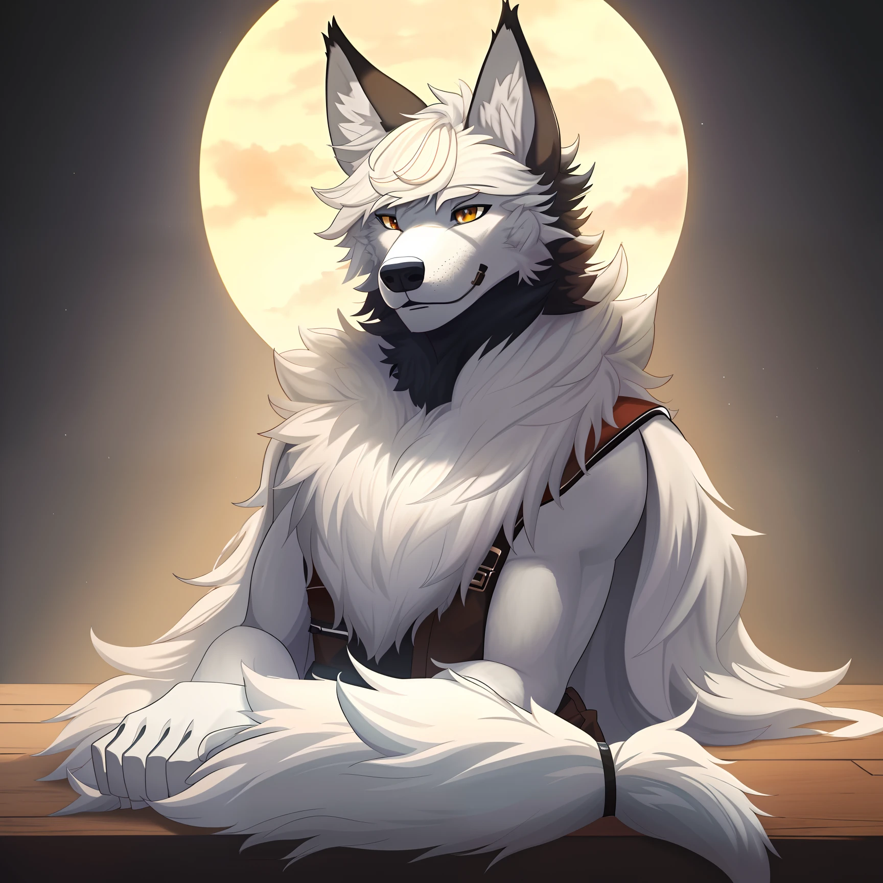 Masterpiece,  best quality, Wolf_male, detailed_fluffy_fur, uploaded_to_e621, antro, furry_male, Masterpiece, Best_quality, solo, (Antro), kemono art style, funfate
