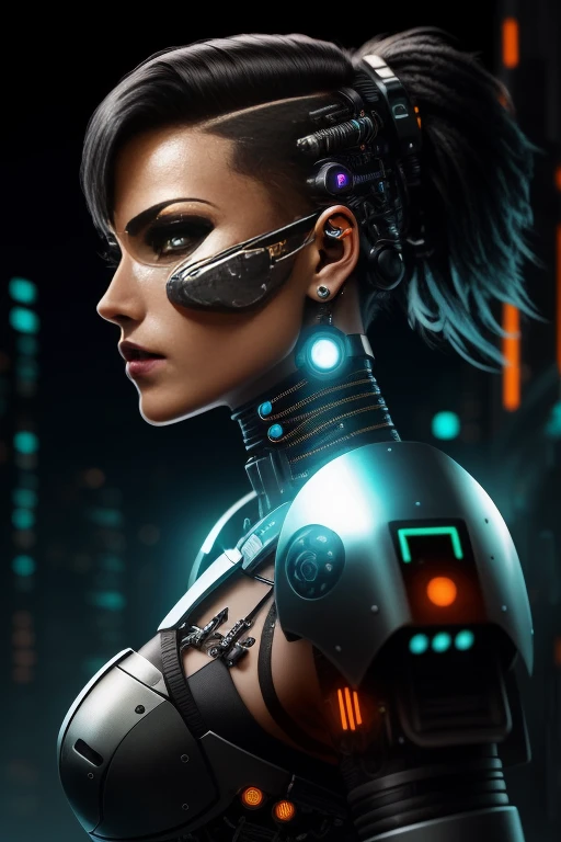Stunning, high-quality artwork of a (beautiful cyborg warrior:1.3) in a (cyberpunk world:1.2), (up close full body side view:1.1) with a full body view, showcasing her (cyberware:1.2) and (carbon fiber:1.1) (chrome:1.1) implants, (metal skull:1.1), wearing (cyber plate armor:1.1) in a (dark atmosphere:1.2) on a (dark night:1.3), with (short hair:1.1) and (black eyeshadow:1.1). The artwork features a (beautifully detailed glow:1.1) emanating from her mechanical eye, with a (detailed facial features:1.1) and (high detail:1.1) sharp focus, providing a smooth and aesthetic look