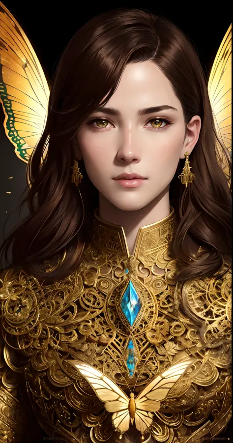 8k portrait of handsome cyborg with brown hair, intricate, elegant, highly detailed, majestic, digital photography, artgerm art and ruan jia and greg rutkowski, surreal painting, golden butterfly, filigree, broken glass, (masterpiece, side lighting, finely...