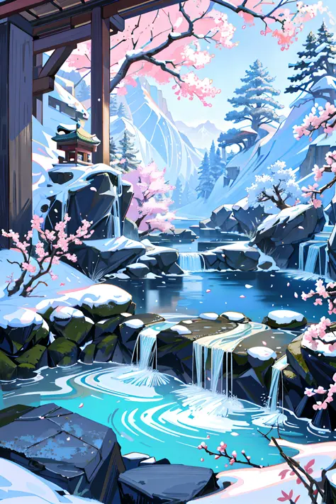 ancient chinese architecture, winter, plum blossoms, bamboo, lake, stone bridge, rockery, arch, corner, tree, tap water, landsca...