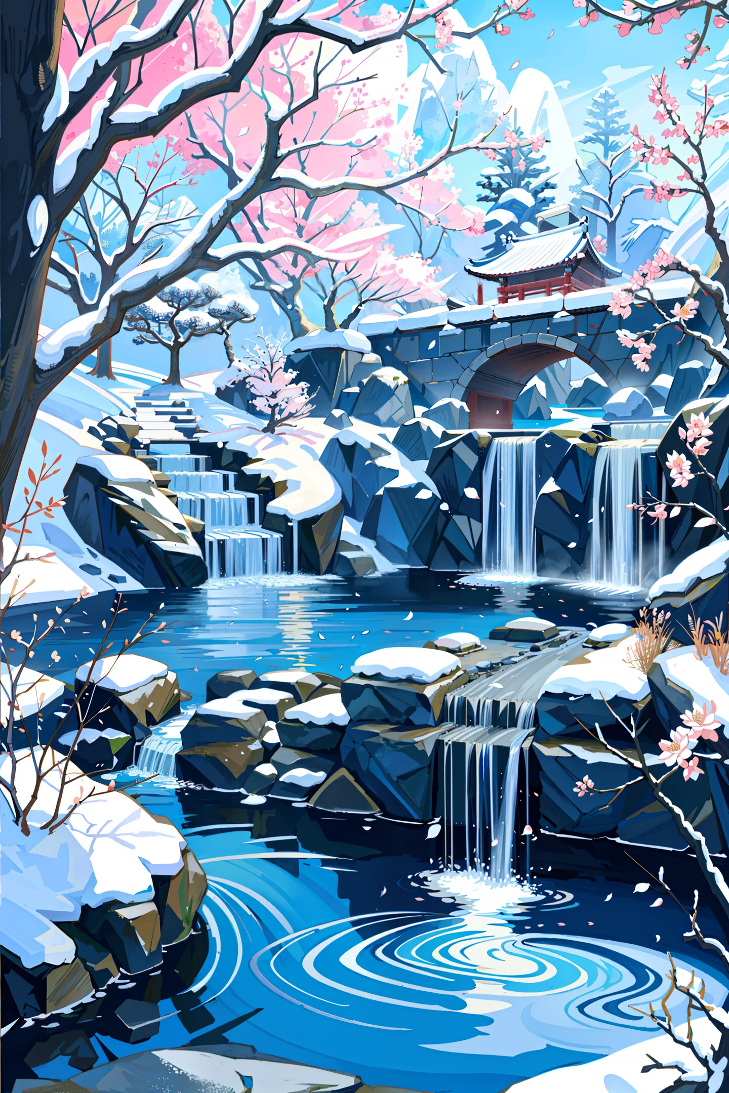 Ancient Chinese architecture, winter, plum blossoms, bamboo, lake, stone bridge, rockery, arch, corner, tree, tap water, landscape, waterfall, meadow, rock, water lily, hot springs, water vapor, (illustration: 1.0), epic composition, realistic lighting, high-definition detail, masterpiece, best quality, (very detailed CG unified 8k wallpaper)