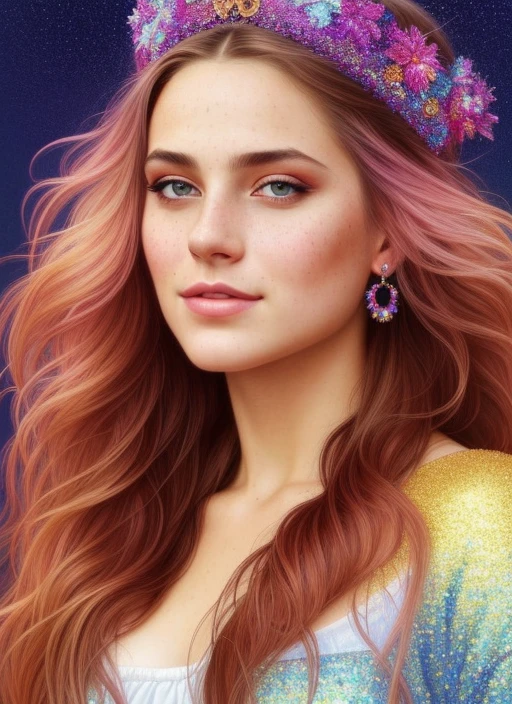 photorealistic painting ((full body)) portrait of ((stunningly attractive)) a sexy woman with huge breasts at a music festival, ((perfect feminine face)), (+long colorful wavy hair), (+glitter freckles), glitter, wearing a dress, intricate, 8k, highly detailed, volumetric lighting, digital painting, intense, sharp focus, art by artgerm and rutkowski and alphonse mucha, cgsociety