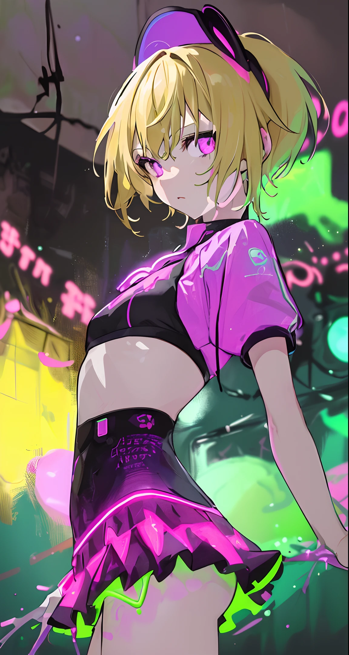 (masterpiece, best quality:1.2), illustration, realistic, absurd, (((bloom, glow, neon))), high contrast, depth of field, dynamic lighting, night, darkness, 1girl, solo, cute, slender, small breasts, delicate facial features, Hip-Hop, blonde short hair, fluorescent yellow stadium jacket, purple mini skirt, purple eyes, splash paint, graffiti on the wall