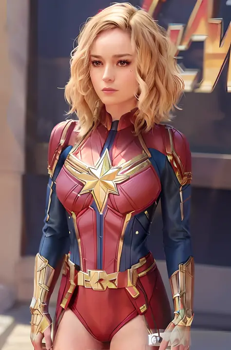 brie larson, medium hair, full body portrait, wearing captain marvel outfit, sexy, cleavage, breasts showing
