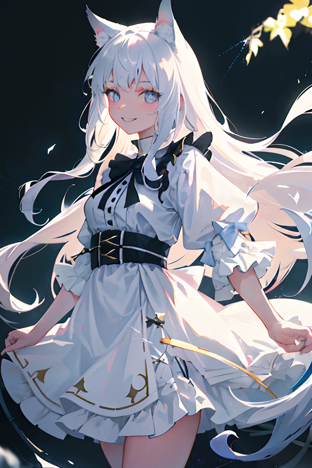 ((cinematic lighting, best quality)), a young woman with cat ears and tail, her mouth open in an [evil grin | sleepy expression], hands clasped behind her back. She is dressed in light summer clothes, surrounded by snowflakes falling in the midst of a strong summer wind. The focus of the image should be on her upper body.