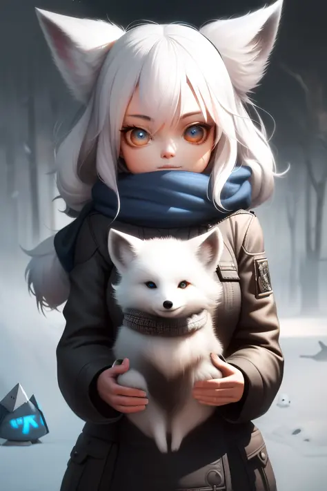 Style-NebMagic, Portrait of a round fluffy cute baby arctic fox with a scarf made of Style-SylvaMagic in the snow, by Ismail Inc...