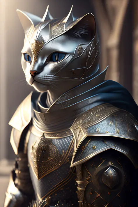 kneeling cat knight, portrait, finely detailed armor, intricate design, silver, silk, cinematic lighting, 4k