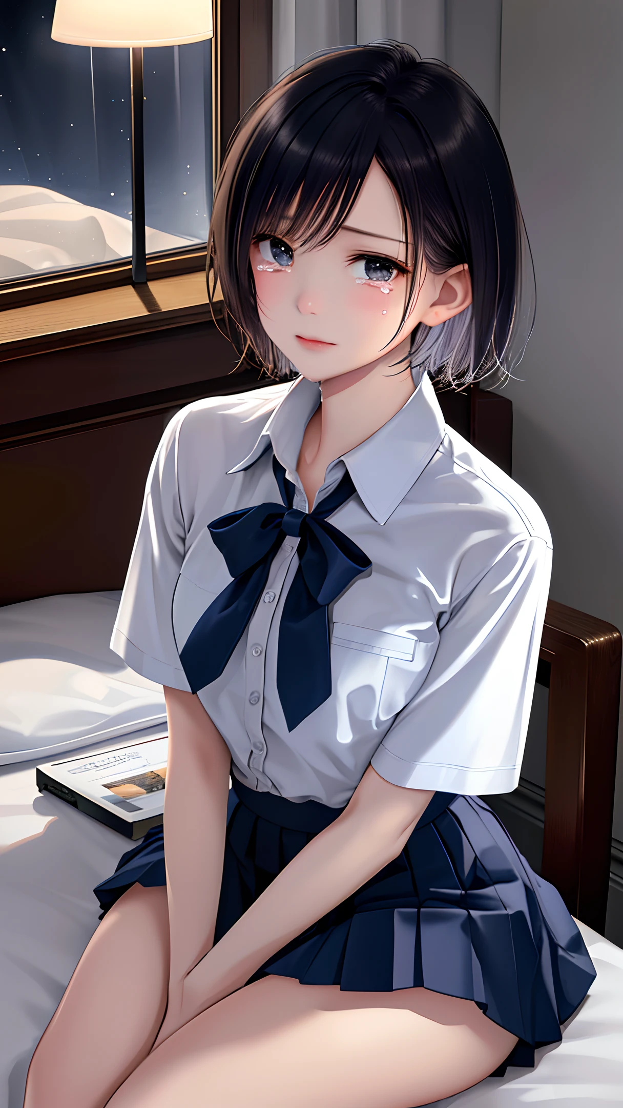 (masterpiece, best quality), realistic, sharp focus, ultra detailed, absurdres, highres, night, darkness, (cinematic lighting:1.2), 50mm portrait, sitting, indoor, bedroom, 1girl, full body, 15yo, cute, slender, (small breasts:0.6), shiny skin, , white shirt, short sleeve, (thick thighs:1.2), navy pleated mini skirt, short hair, delicate facial features, view from above, look up, looking at viewer, (tears:1.3), (upset;1.0), (scared:1.3) 